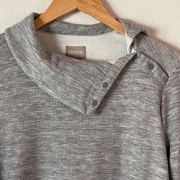 Chico's Gray Sweater‎ with Asymmetrical Neck With Snaps Collar Size 1 Medium - Picture 2 of 6